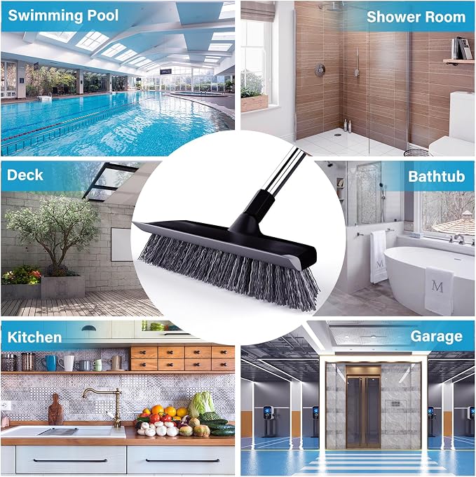 Heavy Duty Floor Scrub Brush with Long Handle, Adjustable Stainless Steel Handle, Stiff Bristles & Rubber Squeegee Scraper, Concrete Floor Scrubber for Cleaning Floor Concrete Deck Hardwood Patio Tile