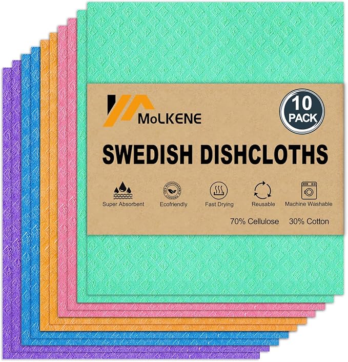 MoLKENE Swedish Dish Cloths - 10 Pack Reusable Kitchen Dishcloths - Ultra Absorbent Dish Towels for Washing Dishes - Cellulose Sponge Cloth Cleaning Rag - Assorted