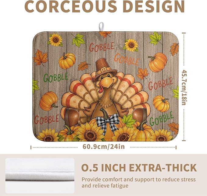 Happy Thanksgiving Turkey Dish Drying Mats Fall Pumpkin Dish Mat Drying Matt Autumn Dishes Dryer Pad for Kitchen Counter Absorbent Microfiber Washable Foldable Reusable 18x24 in