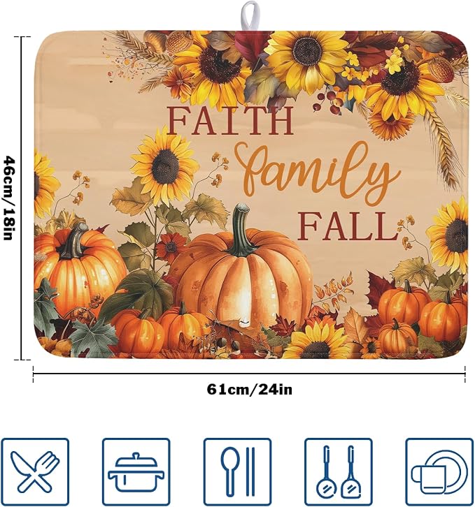 Fall Pumpkin Sunflower Dish Drying Mat 18”x24” Faith Family Fall Drying Mat for Kitchen Counter Absorbent Autumn Orange Pumpkins Thanksgiving Dishes Pad Drainer Mat Protector for Kitchen Fast Dry