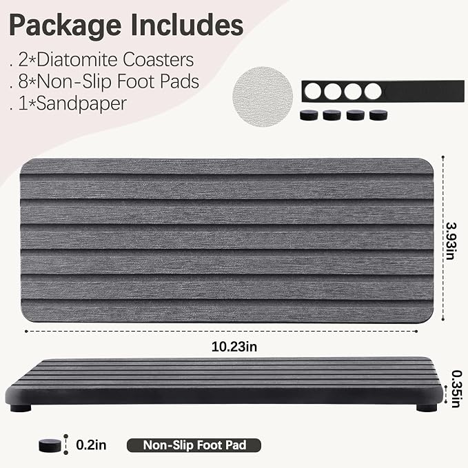 NiuYichee 2 PCS Water Absorbent diatomite Coasters, 10.2" x 4" Water Absorbing Stone Tray for Sink, Stone Drying mat for Kitchen Counter, Stone soap Tray Used for Hand Soaps & toiletries & Plants