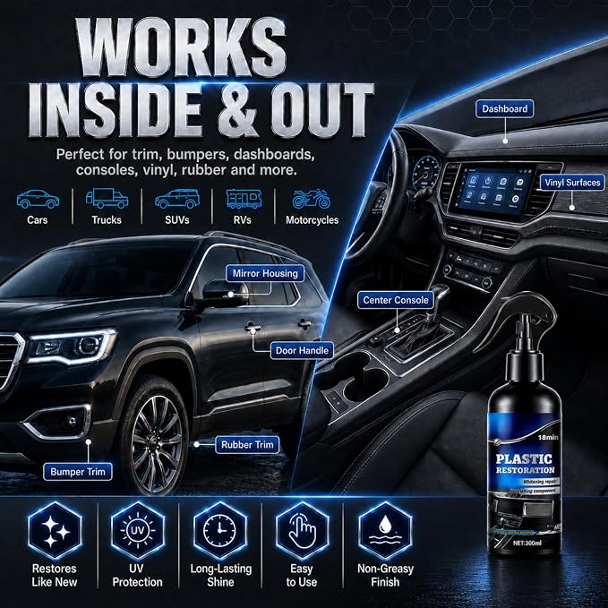 Back to Black Plastic Restorer Spray, 10oz Trim and Bumper Restoration Kit | Ceramic coating & carnauba wax formula with UV protection. Non-greasy dry touch finish for car interior & exterior trim.