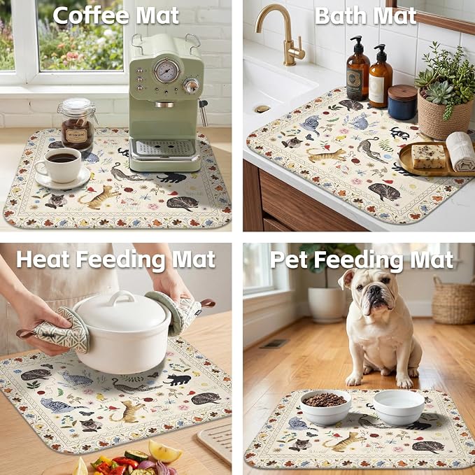 Boho Dish Drying Mat for Kitchen Counter,Flower Floral Animal Cat Farmhouse Absorbent Microfiber Reusable Washable Non-Slip Dish Drainer Draining Mats Dishes Pad for Kitchen Decor 18x16 Inch