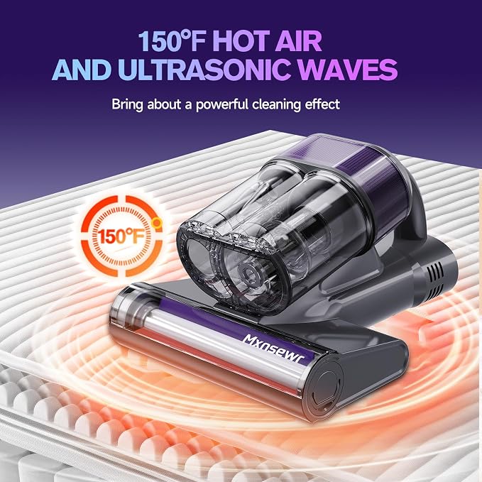 Mxnsewr Mattress Vacuum Cleaner, Ultrasonic Bed Vacuum Cleaner with 18Kpa Strong Suction, 150°F Heat & 253.7nm UV-C Light, Intelligent Dual Cup, One-Click Dust Removal for Bed, Sofa, Carpet, Gray
