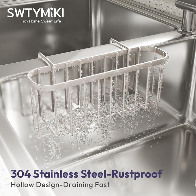 SWTYMIKI Sponge Holder for Kitchen Sink with Partition, Movable Kitchen Sink Caddy with Compact Size Rustproof and Waterproof Hanging Sponge Caddy for Double Bowl Sinks,Sand Nickel