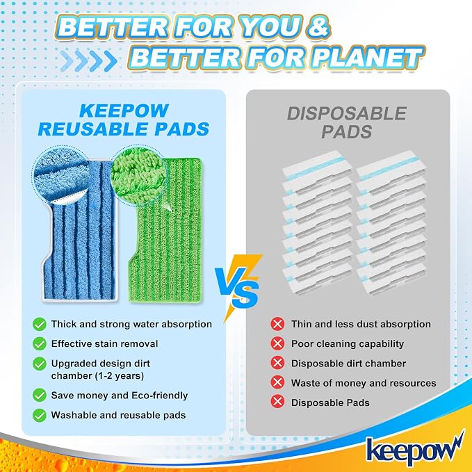KEEPOW Reusable Replacement Pads Compatible with Shark Vac Mop VM252 VM401 | VM200 VM180 VC205 VM250 QM250 VM190, Washable Vacuum Mop Pad Refills, Upgraded Design of Dirt Chamber (1+2+2+2 Pads)