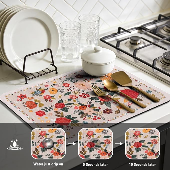Vintage Floral Dish Drying Mat 12x20 Inch, Dish Mat Drying Kitchen Mats for Extra Large Absorbent Countertop, Aesthetic Boho Drying Matt Kitchen Counter Washable Heat Resistant Dish Drainer Rack Mat