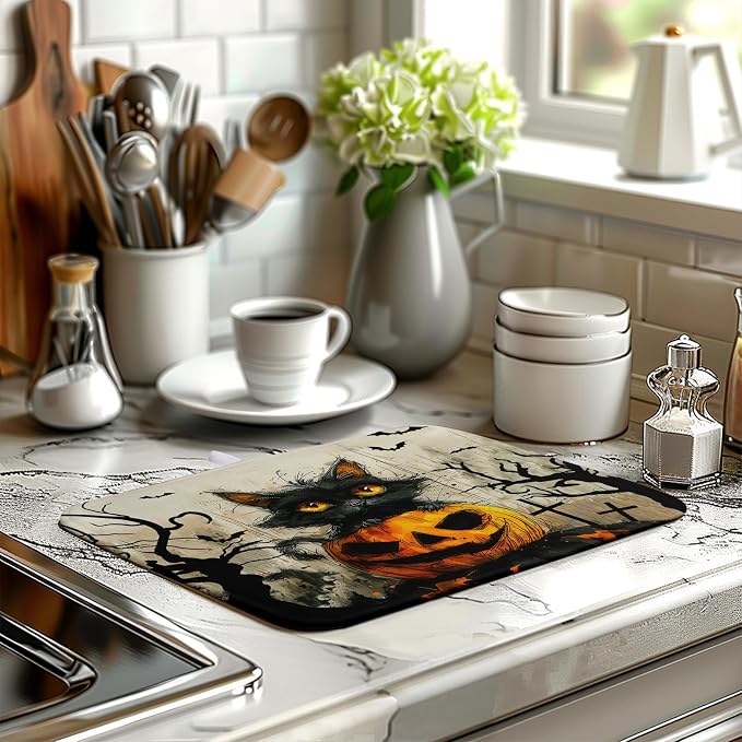 Black Cat Halloween Kitchen Dishes Drying Mat 16x18 Inch Halloween Fall Pumpkin Bat Dish Drying Mats for Kitchen Counter Absorbent Microfiber Dish Rack Mat Drainer Pad for Coffee Bar Sinks