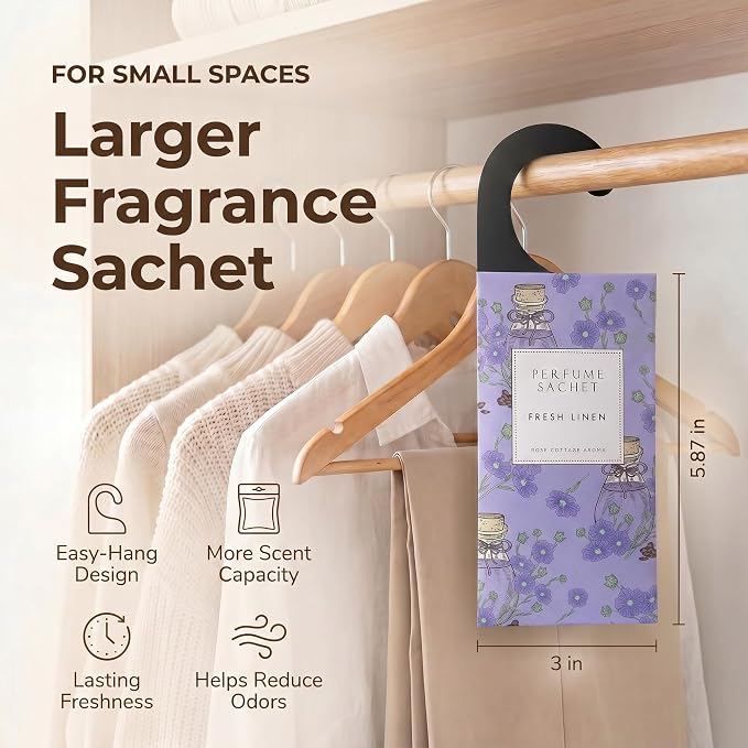 Large 12 Packs Fresh Linen Hanging Scented Sachets Long-Lasting Closet Deodorizer Air Freshener Fabric Refresher Odor Eliminator for Drawer Home Fragrance Gift Set