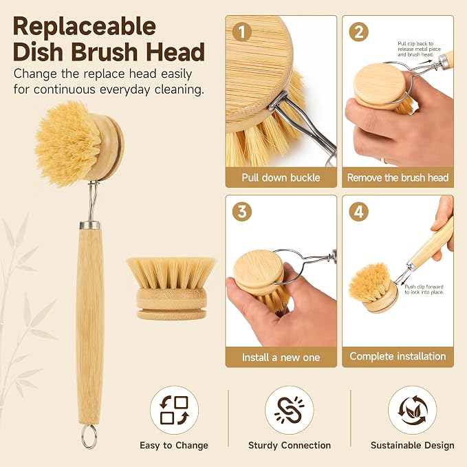 SAMEBUTECO 5 Piece Bamboo Dish Brush Set,11.5’’ Long Handle Bottle Brush with Sisal Bristles, 3 Pot Brushes,1 Replaceable Heads, Natural Kitchen Brush for Pot,Pans,Sink,Vegetables