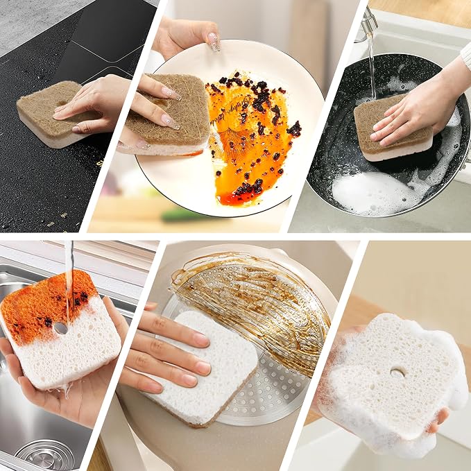 12Pack Kickleen Natural Kitchen Scrub Dish Sponge with Suction Hanger Biodegradable Compostable Cellulose and Coconut Non-Scratch Sponge for Kitchen, Bathroom, Household (White-12)