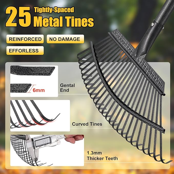 Garden Rake for Leaves: 18” Wide Metal Leaf Rake, 65” Long Adjustable Handle, Heavy Duty 25 Teeth, Fast Kids Women Large Lawn Yard Garden Leaf Cleanup Gardening Rakes: Grass,Debris,Pine Needles Pick