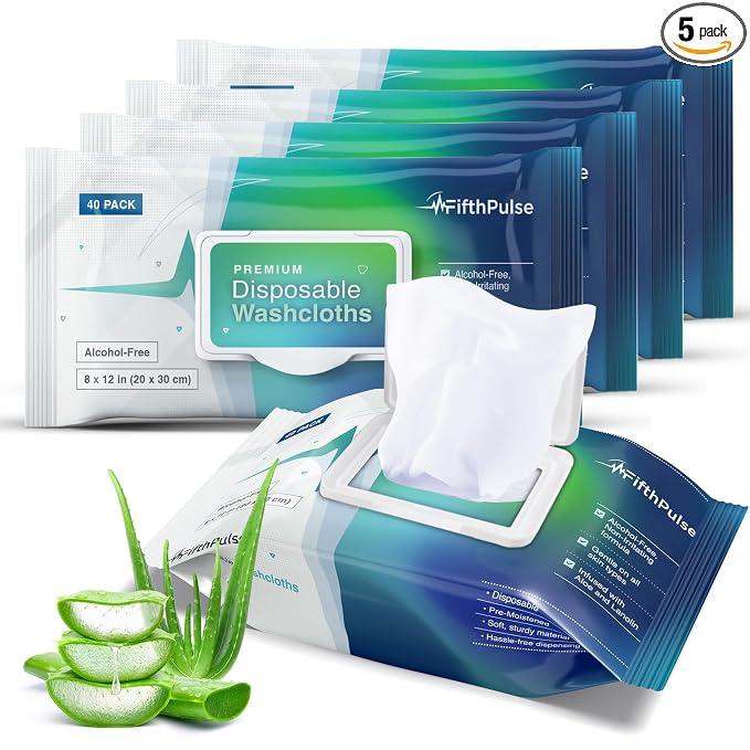 Disposable Body Wipes For Adults 200 Count (5 x 40 Packs) - Premoistened Washcloths For Elderly Bathing Infused With Aloe and Lanolin - Alcohol-Free Adult Wet Wipes, Extra Large 8" x 12" Wash Cloth