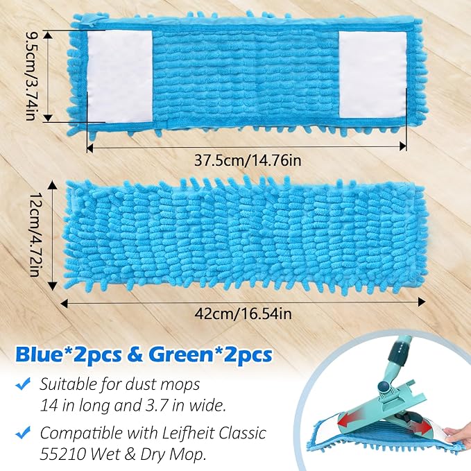 4PCS 16'' Microfiber Dust Mop Pads Compatible with Leifheit 55210 | Reusable Mop Refills,Replacent Wet Mopping Pad & Washable Dry Sweeping Cloths for Hardwood Floor/Tile/Marble Cleaning