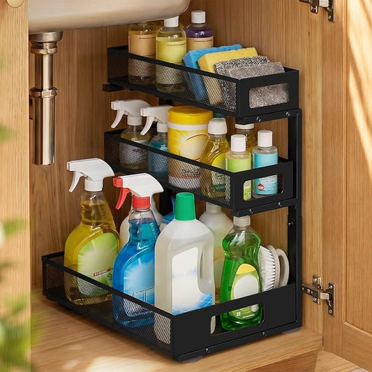 3 Tier Under Sink Organizer,1 Pack Pull Out Cabinet Shelves with Adjustable Height,Heavy Duty Carbon Steel L-Shaped Storage for Kitchen Bathroom Sink,Pantry & Laundry,Black