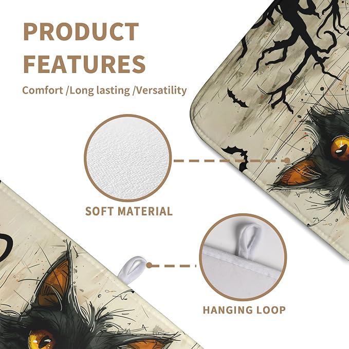 Black Cat Fall Pumpkin Dish Drying Mat 18x24 - Super Absorbent Drying Pads for Kitchen Counter - Happy Halloween Bat Branch Large Microfiber Dishes Drying Mats