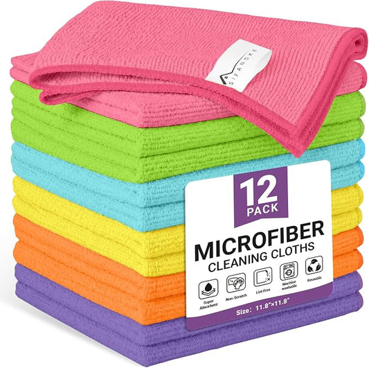 12 Pack Microfiber Cleaning Cloth, 6 Assorted Colors Cleaning Rags for Housekeeping, Colorful Reusable Microfiber Towels for Car, Kitchen, Bathroom and Household Cleaning Supplies, 11.8"X11.8"