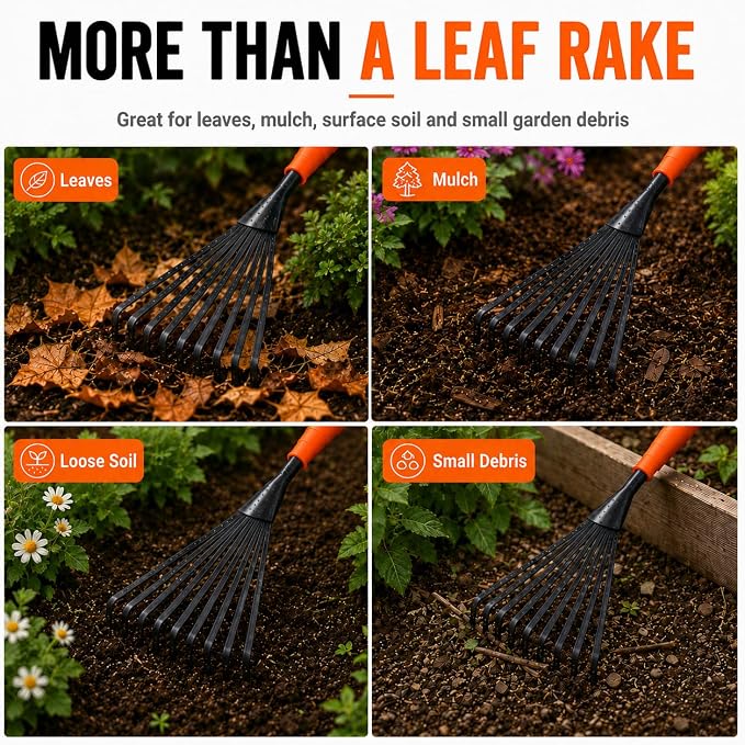 Finder Hand Rake, 15.6 Inch Gardening Hand Tool with Ergonomic Handle and Hanging Hole for Storage, Steel Garden Rake for Flower Beds, Leaves, Mulch, Soil Loosening, Tight Spaces