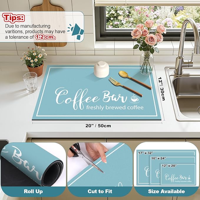 Findosom Dish Drying Mat, 12"x 20" Super Absorbent & Hide Stain Coffee Mat, Cuttable Drying Mat for Kitchen Counter, Coffee Bar Accessories, Under Dish Rack, Coffee Maker, Espresso Machine, Blue