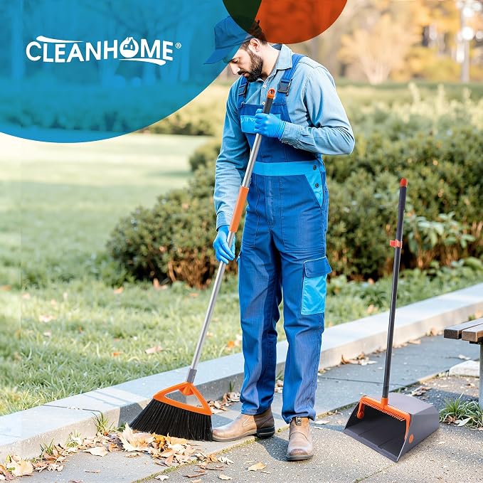 CLEANHOME Heavy Duty Outdoor Broom and Dustpan Set with Long Handle | Long Handle, Standing Dustpan & Split-End Bristles for Patio, Garage, Deck, Leaves Debris Cleaning