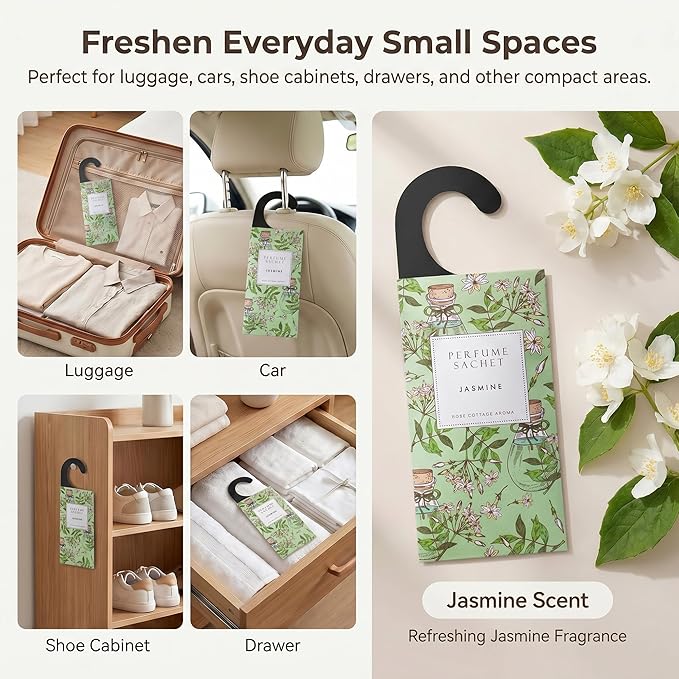 Large 12 Packs Jasmine Hanging Scented Sachets Long-Lasting Closet Deodorizer Air Freshener Fabric Refresher Odor Eliminator for Drawer Home Fragrance Gift Set