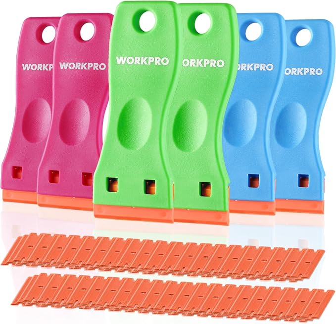 WORKPRO Plastic Razor Blade Scraper Kit, 6 Scrapers with 120 Blades | Safer Plastic Blade Design, Helps Reduce Scratches, Removes Stickers, Labels, Glue & Residue from Glass, Windows & More