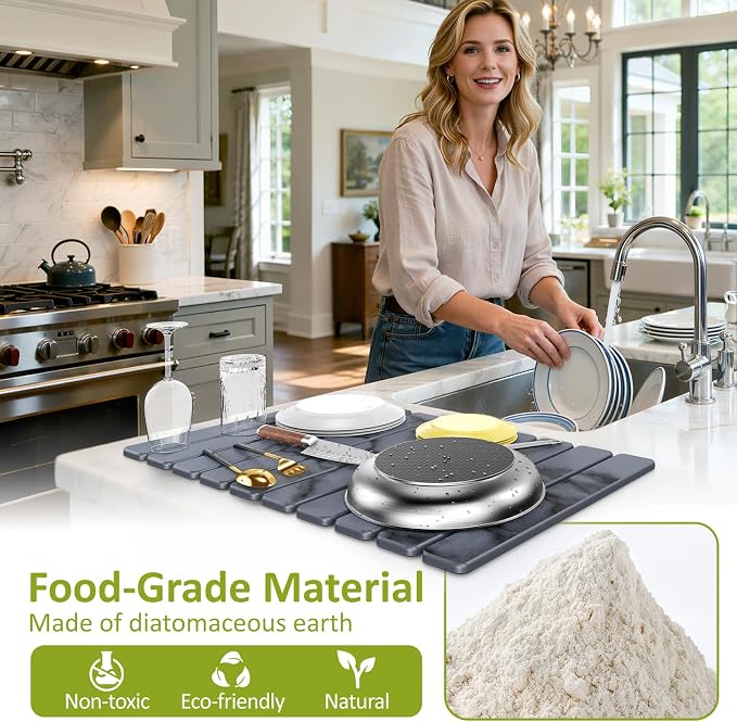 Large Stone Dish Drying Mat for Kitchen Counter, 24"(L)×16"(W), Collapsible Quick Dry Stone Dish Mats, Super Absorbent Diatomaceous Earth Drying Pad for Dishes Bottles Cups, Countertops (Marble)