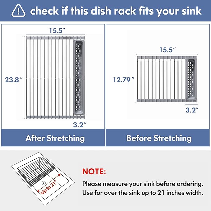JASIWAY Roll Up Dish Drying Rack, Expandable (12.8"-23.8" D x 15.5" W) Stainless Steel Portable Drainer for Kitchen Sink Counter, Foldable Over The Sink Cover with Removable Utensil Holder, Gray