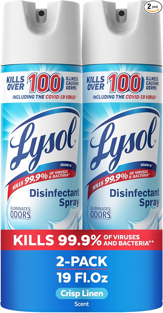 Lysol Disinfectant Spray, Household Cleaning Supplies, Disinfecting Multi-Purpose Room Spray, Antibacterial Sanitizer, Deodorizer, Kills Hantavirus, Crisp Linen, 19 Fl Oz (Pack of 2)