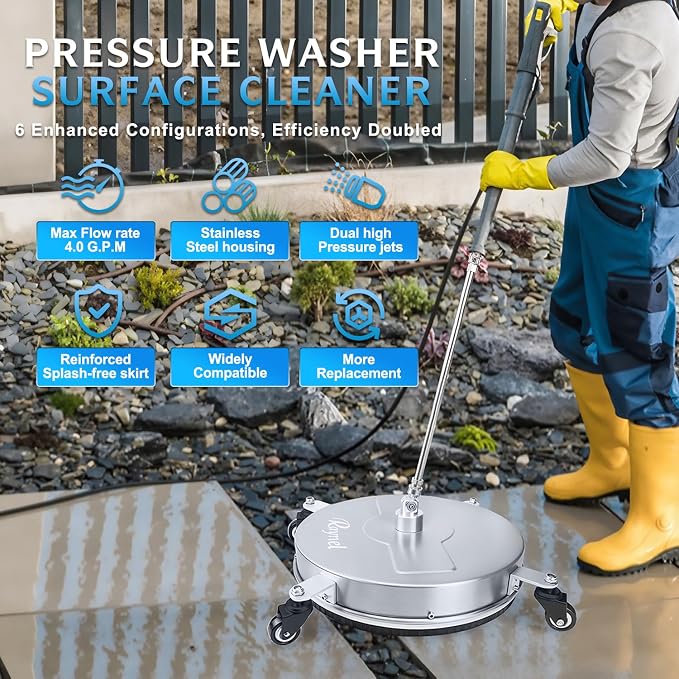 RAYNEL 18" Pressure Washer Surface Cleaner, Power Washer Accessory | Stainless Steel Housing, 4 Wheels, 1/4" Quick Plug, 2 Extension Wands, 2 Replacement Nozzles, 5 Spray Nozzles, Max 4000 PSI