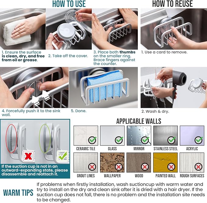 TAILI Sink Caddy with Strong Suction Cup, Sponge Holder for Kitchen Sink Oganizer, Removable Rustproof Aluminum Sponge Holder, Dish Brush for Scraper - Silver