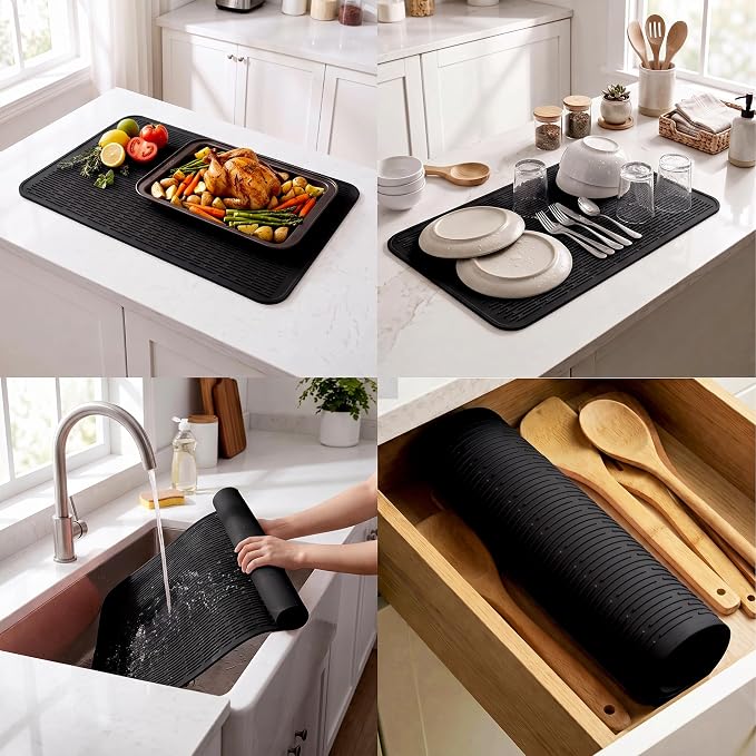 MicoYang Silicone Dish Drying Mat for Multiple Usage,Easy clean,Eco-friendly,Heat-resistant Silicone Mat for Kitchen Counter or Sink,Refrigerator or Drawer Liner Black 4XL 32 inches x 18 inches
