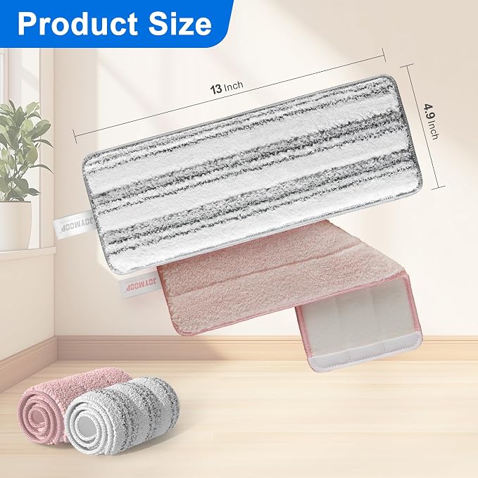 JOYMOOP Microfiber Replacement Pads for 13" Flat Mop System, Reusable Mop Refills, 4-Pack, Stripe and Pink