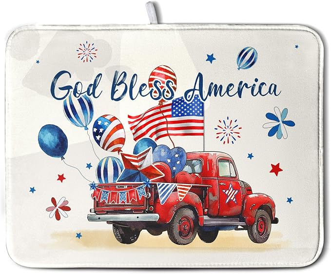 4th of July Drying Mat for Kitchen Counter 18 x 24 Inch US Independence Day Patriotic Truck Dish Drying Mat Polyester American Flag Dish Drainer Mat Super Absorbent Dish Rack Pad for Coffee Bar Sinks