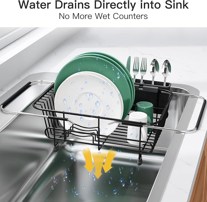 Apartment RV Small Dish Drainer Drying Rack Over The Sink In Stainless Steel for Narrow Kitchen, Counter Space Saving Compact Expandable Metal Plate Dryer Strainer, Black Adjustable Wire Drain Holder