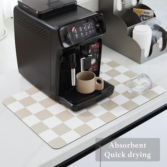 Ohocut Checkered Dish Drying Mat for Kitchen Counter, Coffee Bar Station Accessories, Retro Cute Aesthetic Modern Absorbent Drainer Mat Kitchen Drying Mat Easy Clean, Beige 16" x 24"