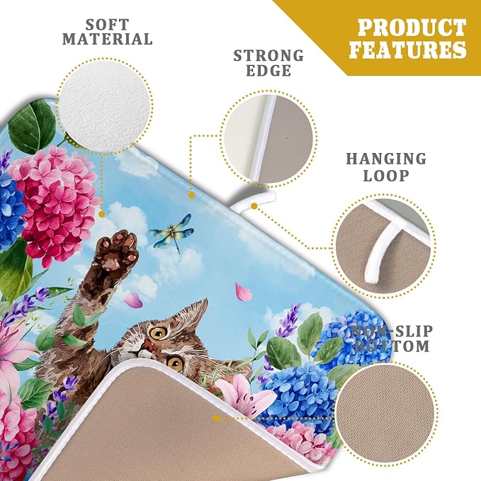 Hydrangea Floral Dish Drying Mat Cute Cat Microfiber Absorbent Dish Drying Pad for Kitchen Counter 16 X 18