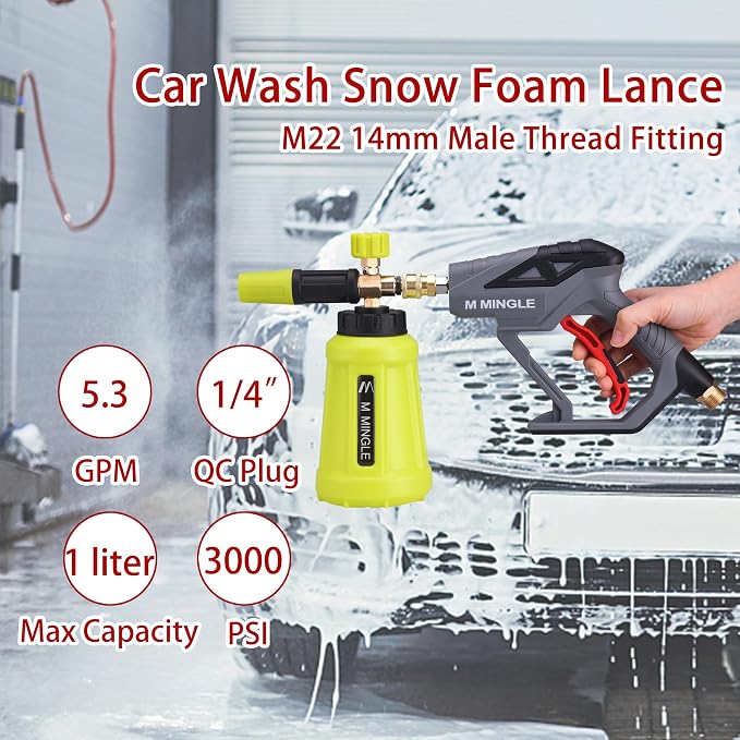 M MINGLE High Pressure Washer Gun Snow Foam Lance, 4000 PSI, 1 Liter | Foam Blaster with 1/4" Quick Connector, Car Wash Foam Cannon Kit with 5 Nozzle Tips & M22 Adapter, Generates Thick Foam