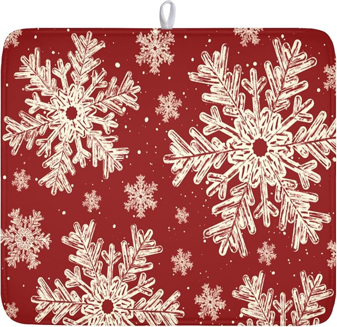 Red Christmas Dish Drying Mat for Kitchen Counter 16x18 Inch | Christmas Snowflake Dish Drainer Mat Rustic Farmhouse Xmas Holiday Absorbent Washable Drying Pad