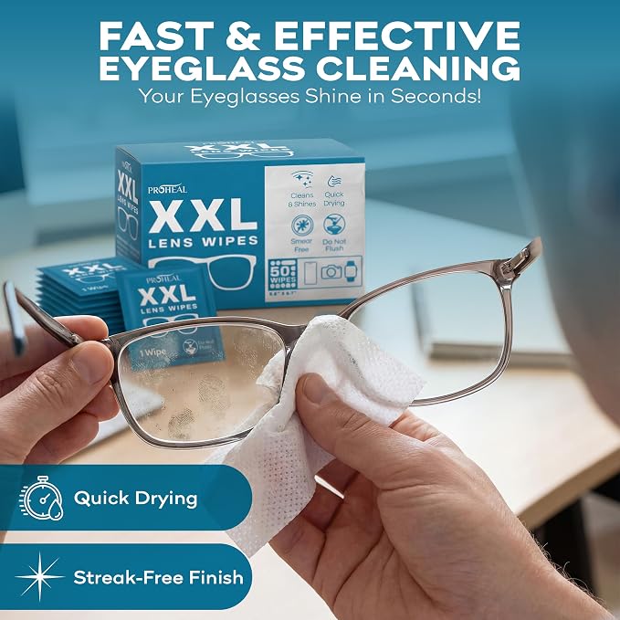 XXL Lens Wipes, 50 Count - 9.8"x6.7" Eye Glasses Cleaner Wipes for Lenses, Watches, Display Screens, and More - Cleans and Shines - Quick Drying, No Smear with Isopropyl Alcohol