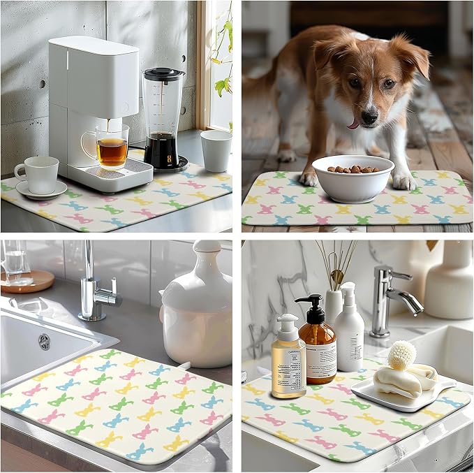 Easter Bunny Dish Drying Mat Colorful Cute Rabbits Kitchen Drying Mat Spring Microfiber Dish Dryer Pad Absorbent Reversible Dish Drainer Rack Mat Washable Dish Mat for Kitchen Countertop 16x18 Inch