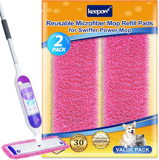 KEEPOW Reusable Mop Pads Compatible with Swiffer PowerMop, 2 Pack Pink | Wood Floor Pads Microfiber Mop Replacement Refills Machine Washable for All Floor Surfaces