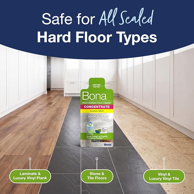 Bona Multi-Surface Floor Cleaner Concentrate, Lemon Mint Scent, 1 fl oz, Pack of 4 (Makes 128 fl oz) Spray Mop and Spray Bottle Refill – For Use on Stone, Tile, Laminate, and Vinyl Floors