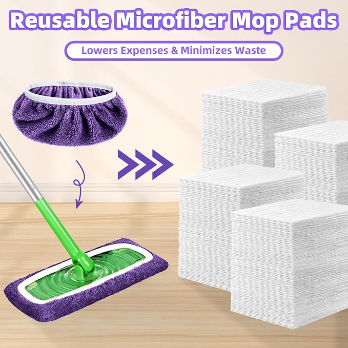 Reusable Mop Pads Compatible with Swiffer Sweeper Mop, Microfiber Wet Pads Refill & Machine Washable Dry Sweeping Cloths for Use on All Sealed Floors - Stone, Hardwood, Laminate & Tile (6 Purple)