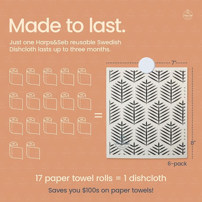 Harps&Seb Swedish Dishcloths for Kitchen Dishcloths - 6 Pack, Reusable Paper Towels with Clips, Super Absorbent Washable Non-Scratch Swedish Dish Towels, No Odor, Biodegradable