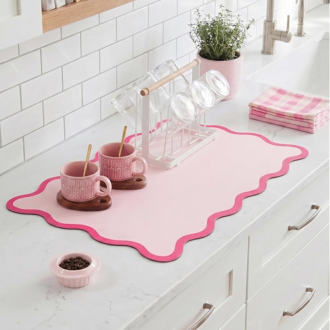 Scalloped Dish Drying Mat for Kitchen Counter, Absorbent Easy Clean Non-slip Coffee Bar Station Accessories, Trendy Cute Aesthetic Modern Drainer Kitchen Drying Mat, Pink 15" x 24"