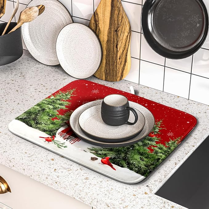 Christmas Dish Drying Mat for Kitchen Counter Snowman Green Christmas Tree Microfiber Absorbent Dish Draining Reusable Washable Foldable 16"x18"