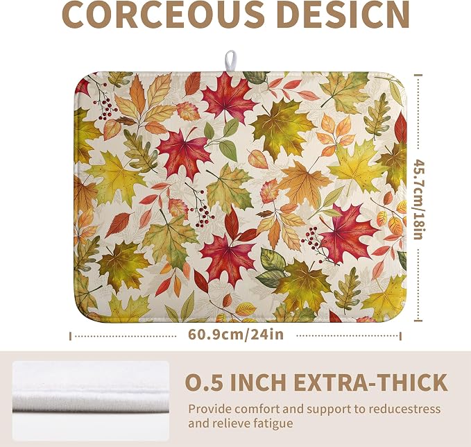 Fall Maple Leaves Dish Drying Mat for Kitchen Counter 18 x 24 Inch Autumn Thanksgiving Absorbent Reversible Microfiber Dish Draining Mat Washable Dish Drainer Rack Mat for Coffee Bar
