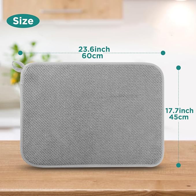 GeeRic Microfiber Dish Drying Mat, Super Absorbent Kitchen Dish Drying Pad, Reversible Gift Mats for Countertop, 17.8 * 23.6 inch Gray