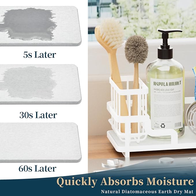 Consumest Sponge Holder for Kitchen Sink - Sink Caddy Organizer with Water Absorbing Stone Tray, Detachable Brush Holder, Stainless Steel Kitchen Counter Organizer Rack, White